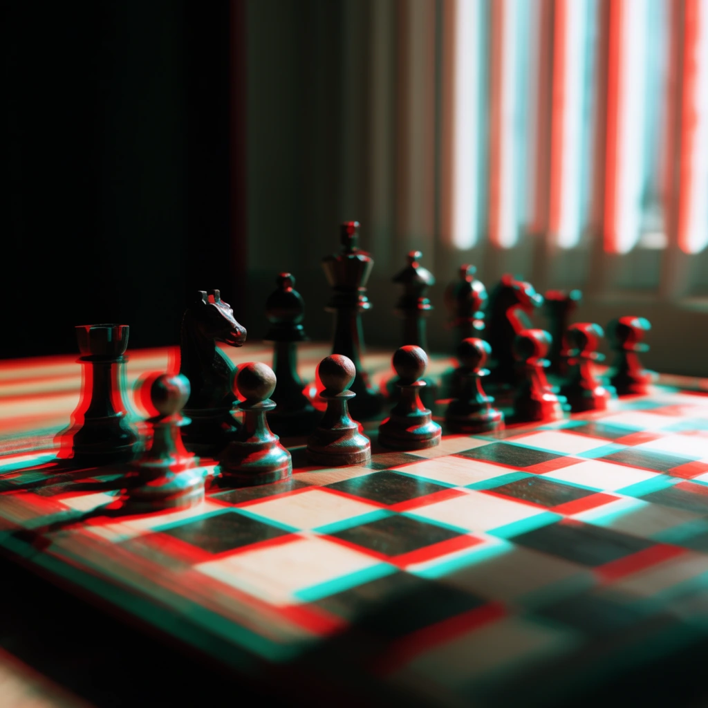 Dark chess pieces stand on a checkered board distorted by intense red and cyan chromatic aberration. Harsh sunlight from vertical blinds casts sharp diagonal shadows across the squares. The striking anaglyph 3D effect creates disorienting ghosting on the knights and pawns, framed by deep shadows and a shallow depth of field.