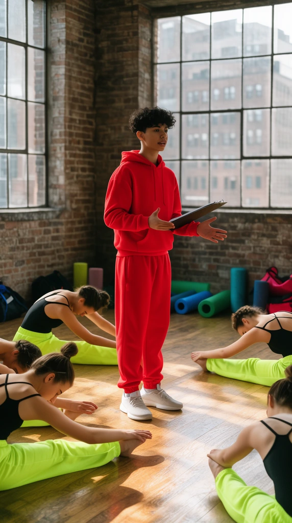 Adult contemporary dancers in black leotards and neon warm-up pants stretch on a hardwood floor inside a sunlit, brick-walled urban loft. A young instructor in a vivid red tracksuit stands centrally, gesturing with a clipboard beside scattered foam rollers and gym bags.