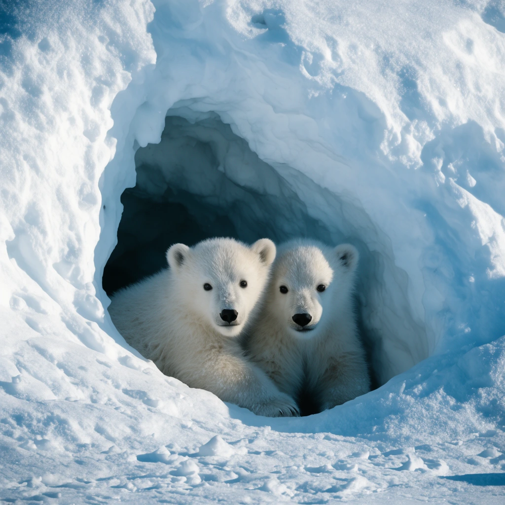 Two polar bear cubs peer from a shadowy den carved into a massive pristine snowdrift. The bears feature fluffy white fur and dark noses, nestling closely together. Bright sunlight strikes the heavily textured exterior snow, casting sharp, icy blue shadows within the cavernous opening, creating a high-contrast wildlife photography aesthetic with a cool, freezing color palette.