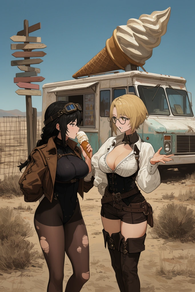 two anime-style women talking in a desert wasteland, vintage dilapidated ice cream truck with a giant sculpted cone on the roof, wooden directional signpost with multiple arrow boards, wire fence, dry brush, clear blue sky, woman on left with black hair and goggles eating an ice cream cone, brown jacket over dark bodysuit, torn stockings, woman on right with short blonde hair and glasses, white open blouse over dark corset, thigh-high boots, gesturing hand, 2d digital illustration, muted earthy color palette, daytime lighting, detailed cel-shaded anime style