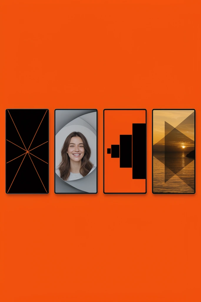 Four vertical rectangular screens aligned horizontally on a vivid orange backdrop. The minimalist designs feature a black field with thin orange intersecting lines, a smiling woman framed by curved grey shapes, flat orange with expanding black geometric blocks, and a golden sunset landscape layered with a dark polygonal overlay.