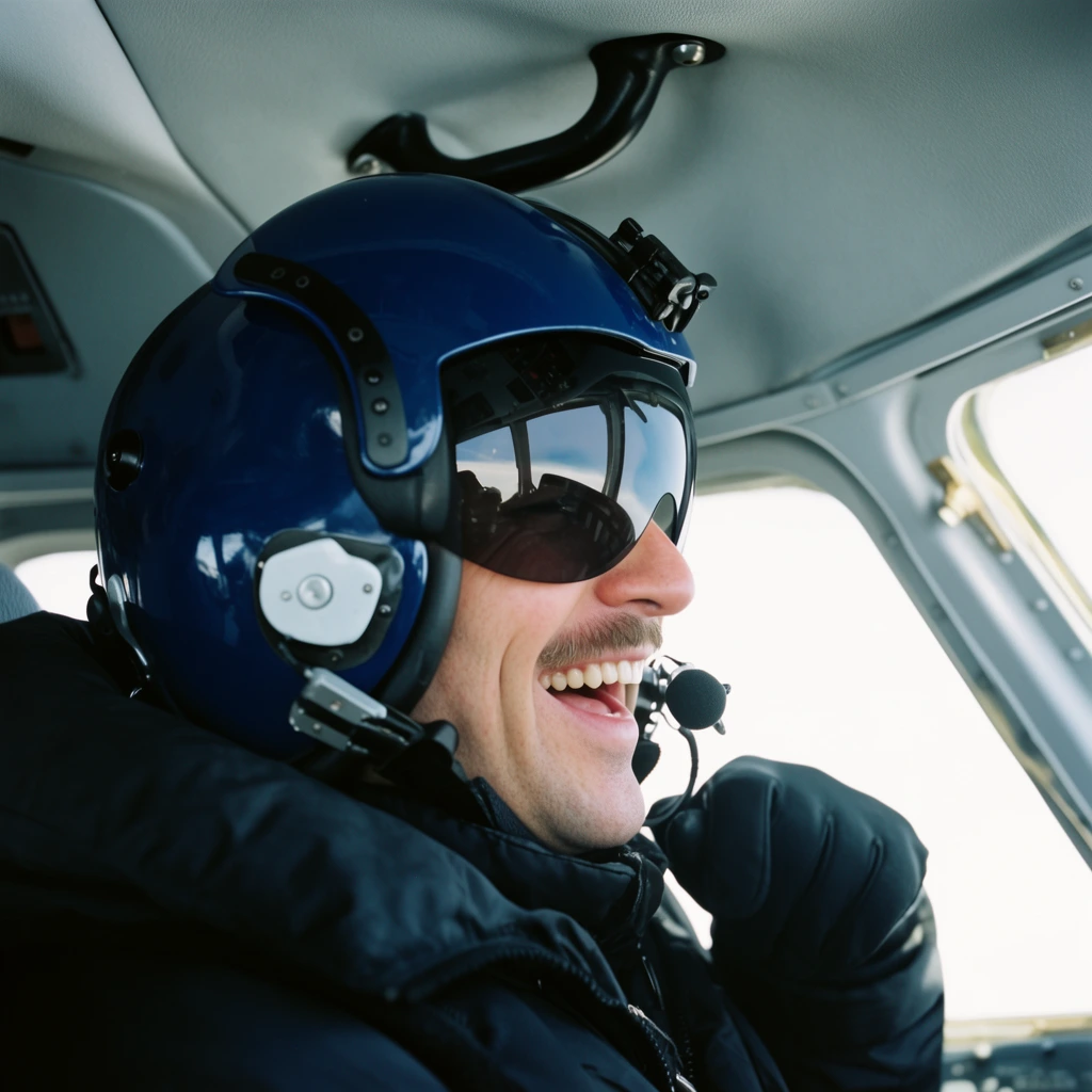 close-up profile of a laughing man in a bright aircraft cockpit, glossy dark blue flight helmet with a tinted visor reflecting cabin frames, small boom microphone near a visible mustache, thick black winter jacket, black gloved hand, light gray ceiling panel, black grab handle, stark white overexposed natural light streaming through the windows, cinematic 35mm film photography, cool color palette of deep blues and bright whites, sharp focus