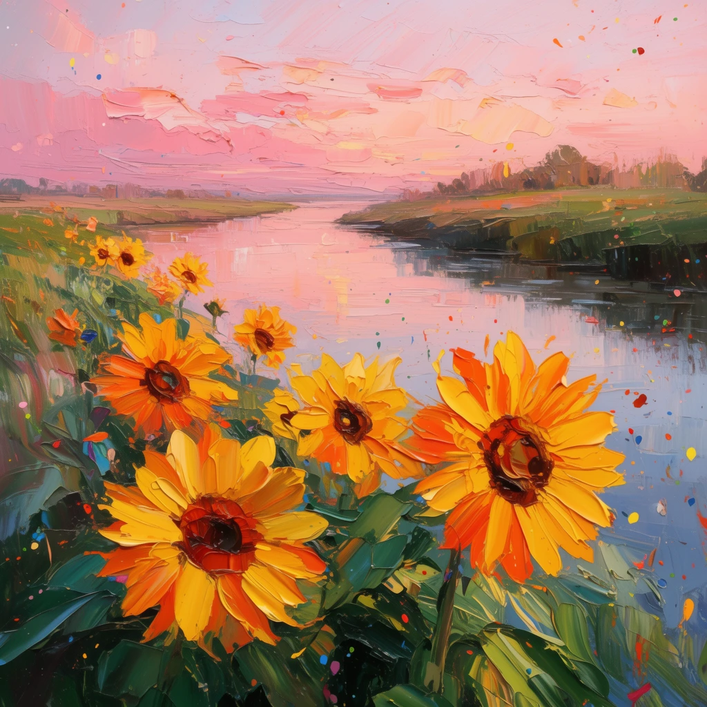 large vibrant yellow and orange sunflowers, thick impasto oil painting, expressive palette knife textures, calm river reflecting a pastel pink sunset sky, distant grassy banks, scattered paint flecks, warm golden hour lighting