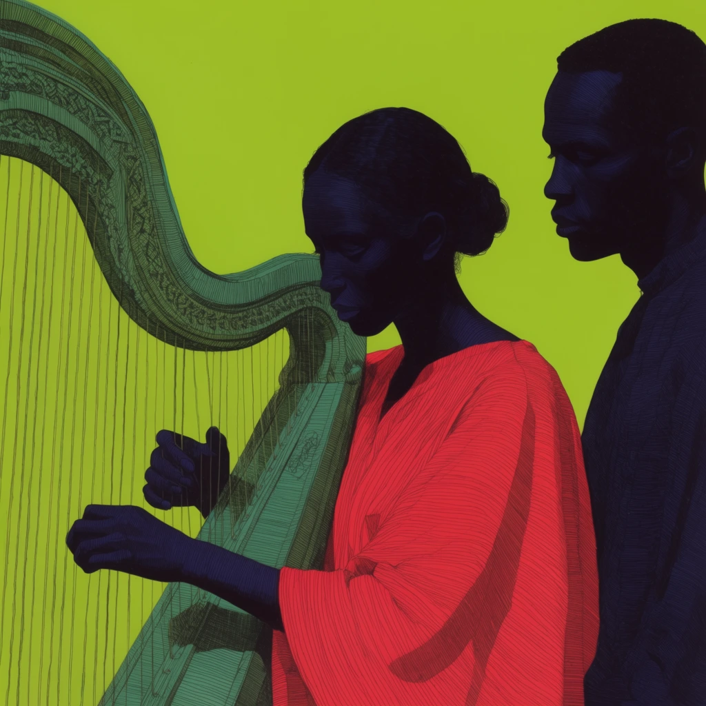A woman with dark indigo-black skin plays a large, intricately structured harp while a man with matching deeply saturated dark skin stands nearby watching her, both set against a stark, flat acid-green background. The woman wears a brightly saturated red garment, its folds heavily textured by precise, parallel ink lines. The scene is executed in a meticulous, graphic digital illustration style defined by dense, fine dark blue and black cross-hatched linework that creates all shading, volume, and texture over flat blocks of vibrant, high-contrast color. The harp features elaborate, tightly spaced linework detailing its frame and taut strings. The surreal, heavily saturated color palette relies on the intense juxtaposition of the neon green environment, the bold primary red clothing, and the deep, shadowed tones of the figures. The editorial rendering uses exacting, deliberate line art to define every contour, resulting in a striking, highly textured composition characterized by deep graphic shadows and flat spatial planes.
