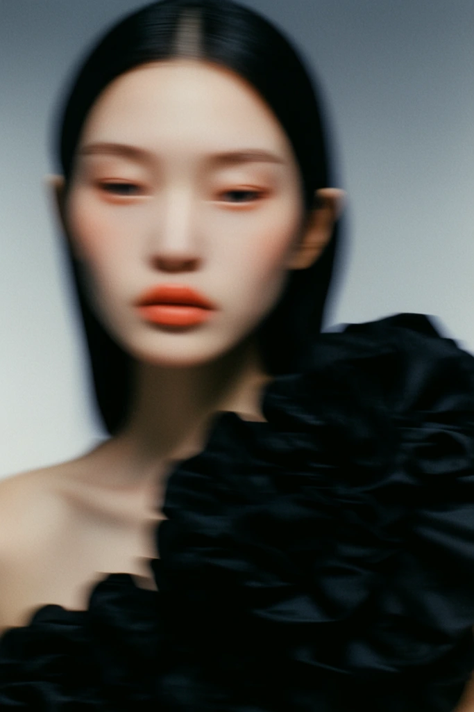 Soft-focus editorial portrait of a pale woman with sleek hair and coral lips captured with deliberate motion blur. She wears a voluminous black ruffled garment clustered on one shoulder against a cool gray gradient background. Cinematic lighting and grainy film texture enhance the ethereal mood.