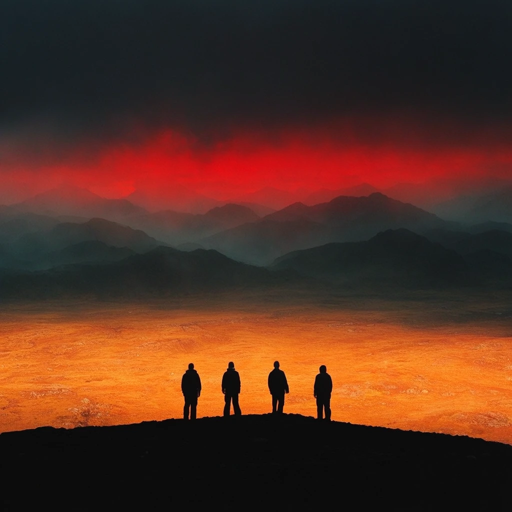 four silhouetted figures on a dark foreground ridge, overlooking a vast glowing orange terrain, layered dark misty mountain ranges, vivid red atmospheric light band, dark moody sky, cinematic scale, stark contrast