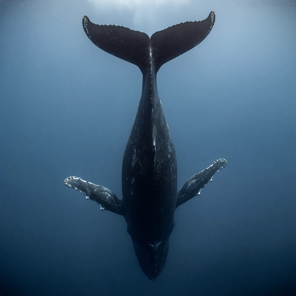 A humpback whale descends vertically into a deep marine void. Positioned head-down, its expansive tail flukes dominate the top edge, casting a strong T-shaped silhouette against the paler water above. Knobby pectoral fins stretch laterally from a thick, dark body textured with subtle scars. Diffused underwater lighting illuminates the creature within a monochromatic, gradient blue environment transitioning to navy depths. The centered composition isolates the mammal against the featureless expanse.