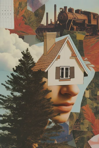 Nostalgic Surrealist Collage style AI image example 4