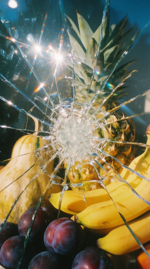 A grouping of a pineapple, bananas, a gourd, and plums viewed through a heavily shattered pane of glass featuring a dense, pulverized central impact point in the immediate foreground. Jagged, radial cracks splinter outward from the crushed center in a sweeping spiderweb pattern that stretches across the entire frame. Intense, direct sunlight strikes the fractured glass, generating brilliant, blinding starburst lens flares, sharp chromatic refractions, and blazing white highlights along the fragmented edges. Positioned just behind the sharply focused broken glass, the fruit arrangement appears slightly softened and optically distorted by the overlapping transparent shards. The textured, spiky crown and crosshatched skin of the pineapple rise above a bunch of smooth, curved yellow bananas, a bulky gourd, and a cluster of round, deep purple plums nestled at the base. Warm, golden sunlight washes over the produce, creating high-contrast, hard-edged shadows. The scene exhibits a vivid, cinematic color palette reminiscent of high-saturation analogue film photography, pairing the rich yellows, earthy greens, and dark purples of the subjects with deep, cool cyan-tinted ambient shadows, finished with a subtle photographic grain and luminous specular reflections.