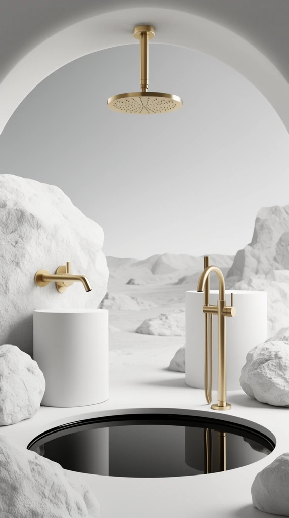 brushed gold bathroom fixtures in a surreal minimalist landscape, wall-mounted faucet, freestanding tub filler, ceiling showerhead suspended from a smooth white arch, cylindrical white pedestals, rough white boulders, glossy black reflective circular pool, stark monochromatic desert under a gray sky, crisp photorealistic 3D architectural rendering