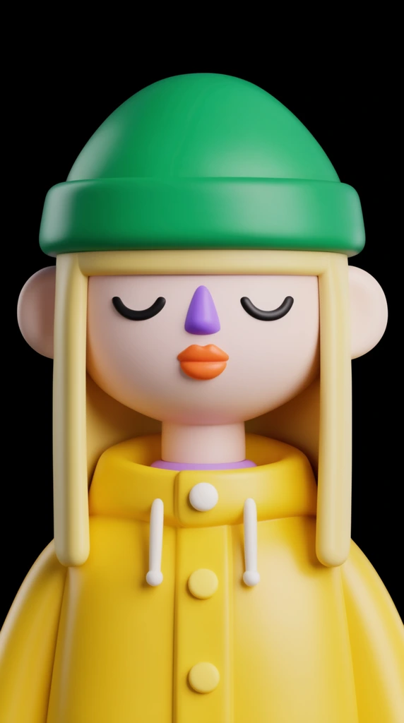 A 3D vinyl toy figure of a girl with straight blonde hair, a green beanie, and a yellow raincoat. Features include closed crescent eyes, a purple nose, and orange lips. Smooth plastic textures under studio lighting against a black background.