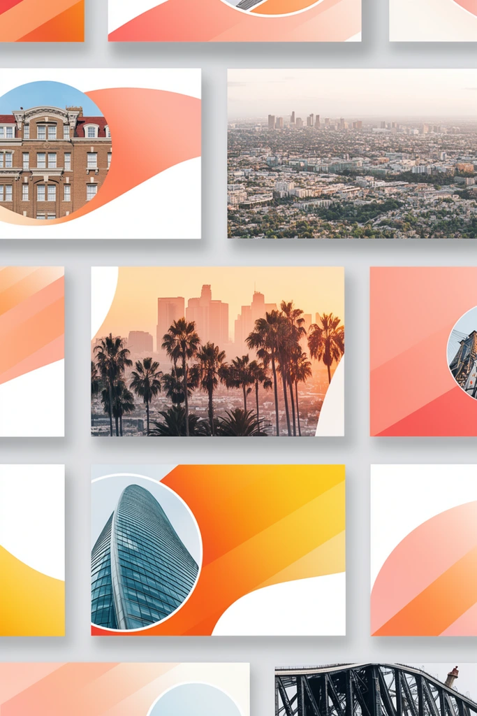 A grid of rectangular graphic design layouts floats on a soft grey background with subtle drop shadows. The modern compositions contrast stark white negative space with vibrant gradient overlays in shades of peach, coral, orange, and yellow. Sweeping fluid curves, diagonal color blocks, and circular cutouts elegantly frame integrated photography. The architectural images include a classic brick building facade, expansive aerial cityscapes, a hazy sunset skyline silhouetted with tall palm trees, a striking low-angle perspective of a curved glass skyscraper, and a dark industrial steel bridge structure. The clean geometric aesthetic combines abstract shapes with dynamic urban environments.