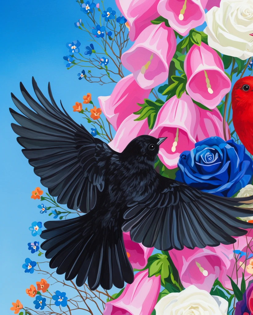 A glossy black bird with fully spread wings and a fanned tail flies across a bright blue sky, its textured dark feathers contrasting sharply with a towering vertical cluster of oversized flowers. The dense floral background features vibrant pink bell-shaped blooms, white roses, a deep blue rose, and scattered sprigs of tiny blue and orange flowers on thin brown stems. A partial view of a bright red bird appears on the far right edge. The image is rendered as an opaque, stylized painting with vivid colors, crisp edges, and a flattened perspective.