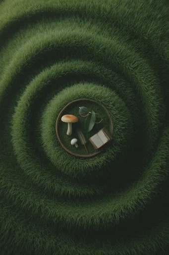 Verdant Surreal Minimalism style reference image — high-angle top-down view