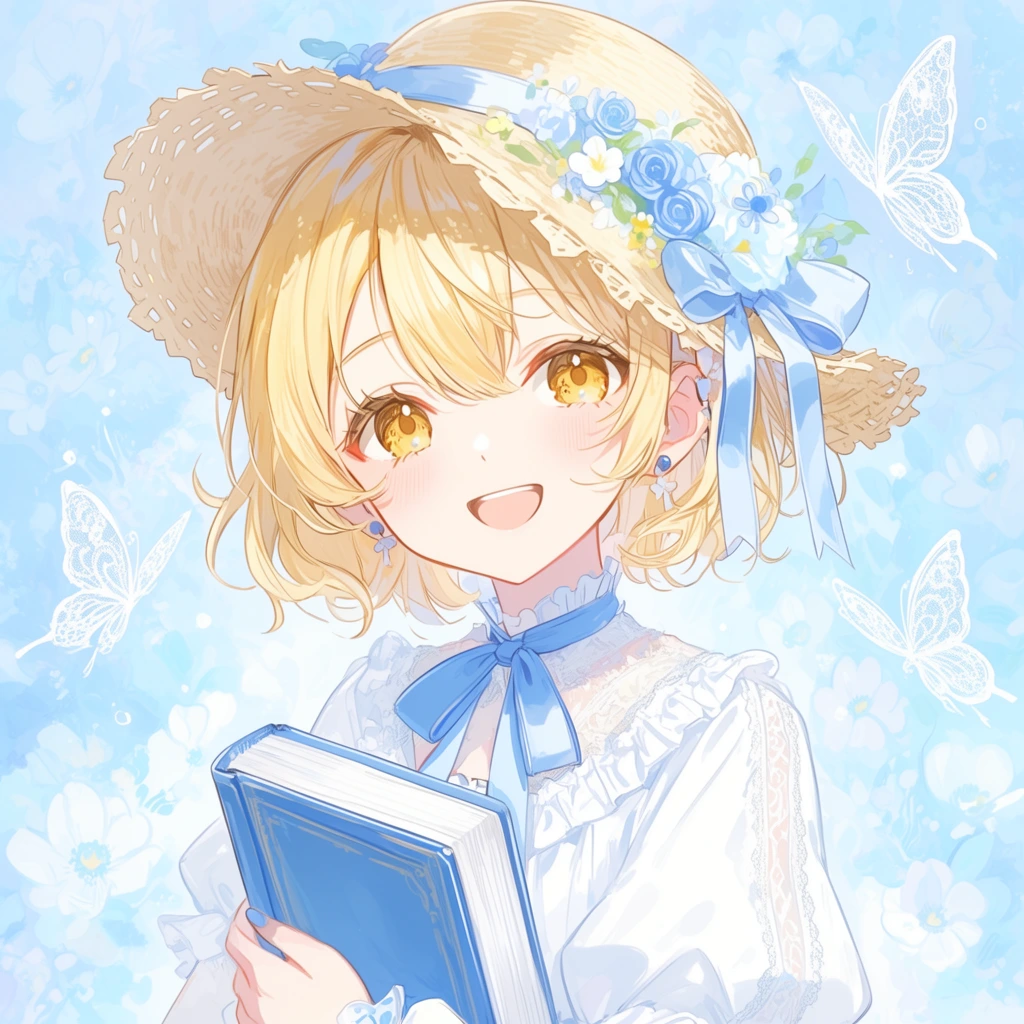 smiling anime girl, short blonde hair, golden eyes, white frilly dress, floral straw hat, blue ribbons, holding thick blue book, floating lace butterflies, pastel blue floral background, ethereal anime illustration