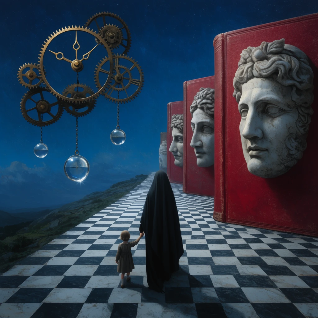 A surreal landscape featuring a receding checkered path walked by a shrouded figure holding a child's hand. Floating clock gears with glass pendulums hover left, while giant classical stone faces embedded in red book covers stand on the right under a deep blue night sky.