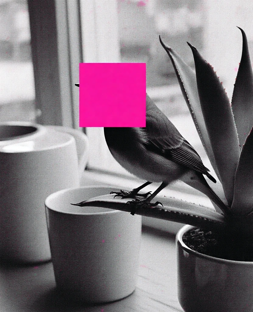 black and white high-contrast film photography, heavy analog grain, lo-fi candid aesthetic, minimalist tabletop with ceramic objects, a small bird perched on a thick succulent plant leaf, a vibrant neon pink geometric square masking the bird’s head, flat natural overcast lighting, experimental street photography style, desaturated gritty textures, nostalgic and raw, monochromatic base with a single pop of saturated digital pink, cinematic lo-fi still.