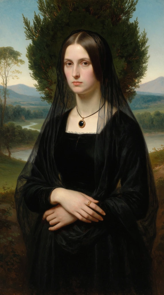 A classical oil portrait of a pale young woman draped in a sheer black veil standing before a pastoral landscape. Her straight brown hair is parted in the center, framing a solemn face. She wears a solid black dress and a thin cord necklace holding a dark, gold-rimmed pendant. Her slender hands cross gently over her torso, revealing a gold ring on her index finger. Directly behind her head, a dense, dark green evergreen shrub forms a contrasting halo. The background reveals a serene atmospheric landscape with rolling green hills, a winding pale river, and hazy blue mountains under a soft sky. A tall, sparse tree anchors the left side of the composition. The artwork features smooth, meticulous brushwork, luminous skin tones, and a formal layout utilizing atmospheric perspective for deep spatial recession.