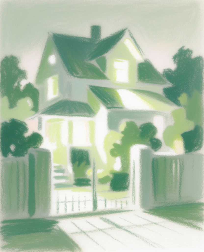 a multi-story house behind a fence, rendered in a dreamy impressionistic pastel style, grainy tactile texture with blurred edges, ethereal glowing light, monochromatic palette of mint and sage greens, luminous white highlights, soft diffused shadows, minimalist composition with a hazy atmosphere, reminiscent of chalk or soft charcoal on textured paper, subtle warm cream accents, ethereal and whimsical aesthetic, small white signature in the bottom right corner.