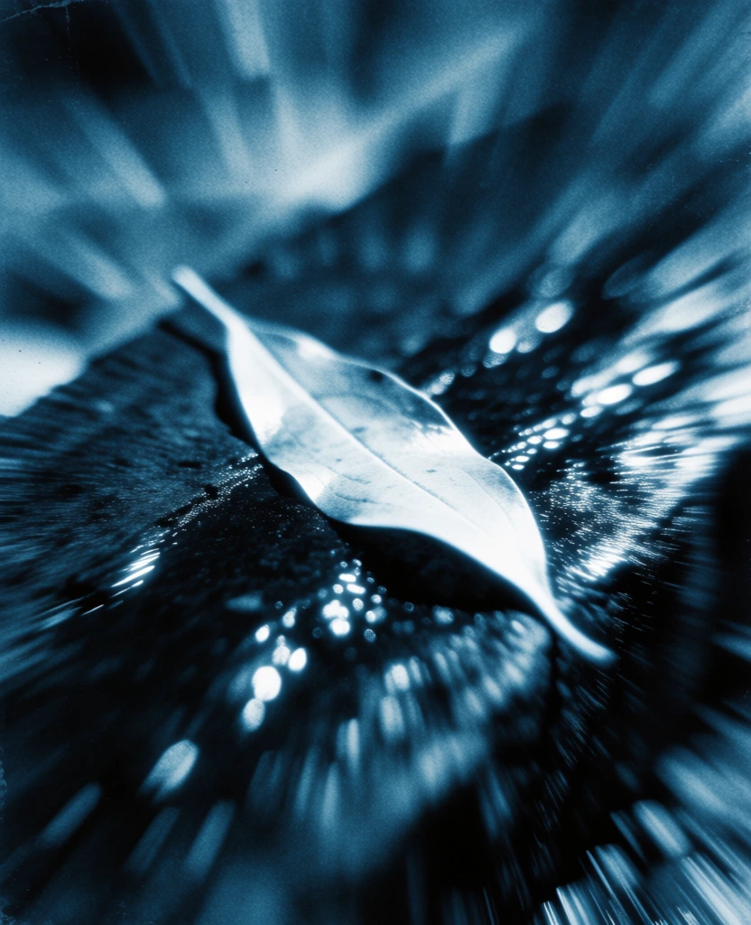 cyanotype aesthetic, a single high-key luminescent leaf resting on dark wet wood, saturated prussian blue color palette, intense radial zoom motion blur, kinetic light trails emanating from the center, heavy analog film grain, ethereal blooming white glow, shimmering specular highlights on damp timber, centered composition, long exposure shutter drag, transcendental atmosphere, high contrast lo-fi texture, deep tonal vignette, atmospheric radiance.