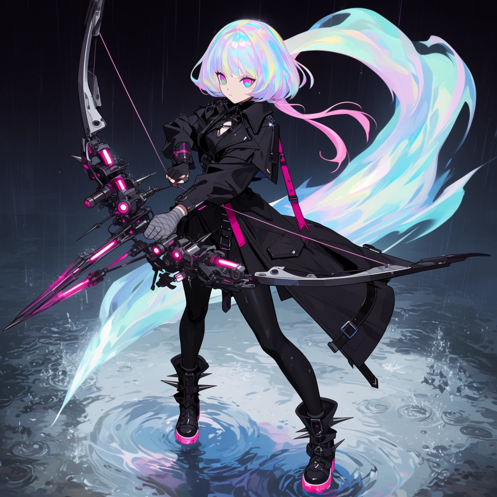 An anime-style illustration of a character with iridescent pastel hair wielding a complex mechanical bow in a rain-slicked environment. Her luminous, multicolored bob features trailing pink extensions, framing eyes with bright pink and cyan gradients. She wears a sleek, futuristic gothic outfit in matte black, including a structured trench coat, magenta strap accents, and a gray bandaged glove. Standing in a shallow, rippling puddle, she poses in tight black leggings and spiked boots with glowing pink soles. She grips a massive mechanical bow constructed from dark metal and glowing magenta energy nodes. A sweeping, ethereal plume of cyan and white energy curves dramatically behind her. Fine rain falls through the dark background, splashing into the reflective water. The piece employs crisp cel-shaded rendering, intricate mechanical linework, and a sharp contrast between deep shadows and vibrant pastel lighting.