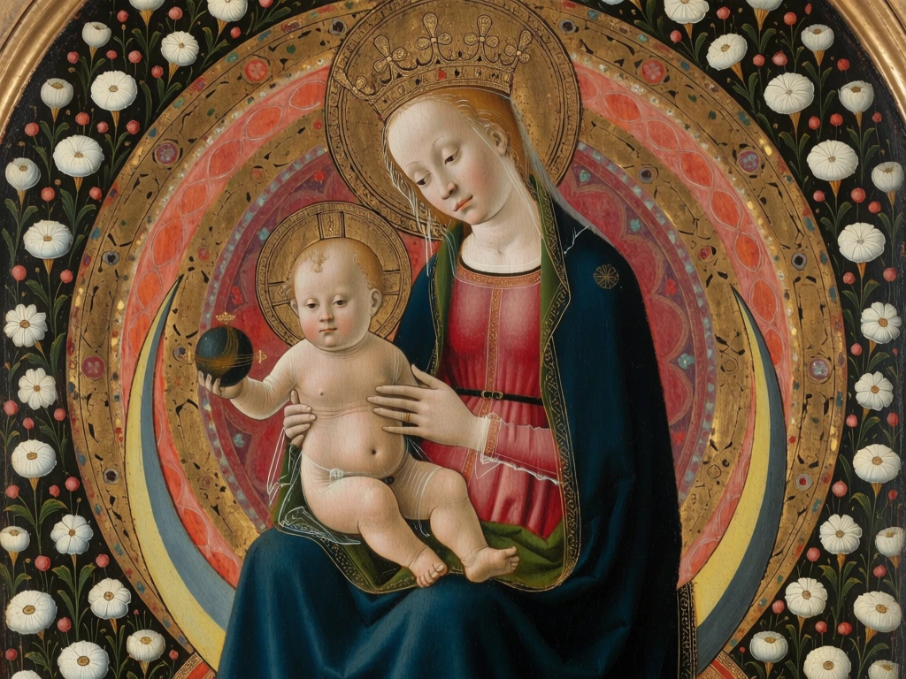 madonna and child on golden crescent moon, renaissance oil painting, sacred ornate serene