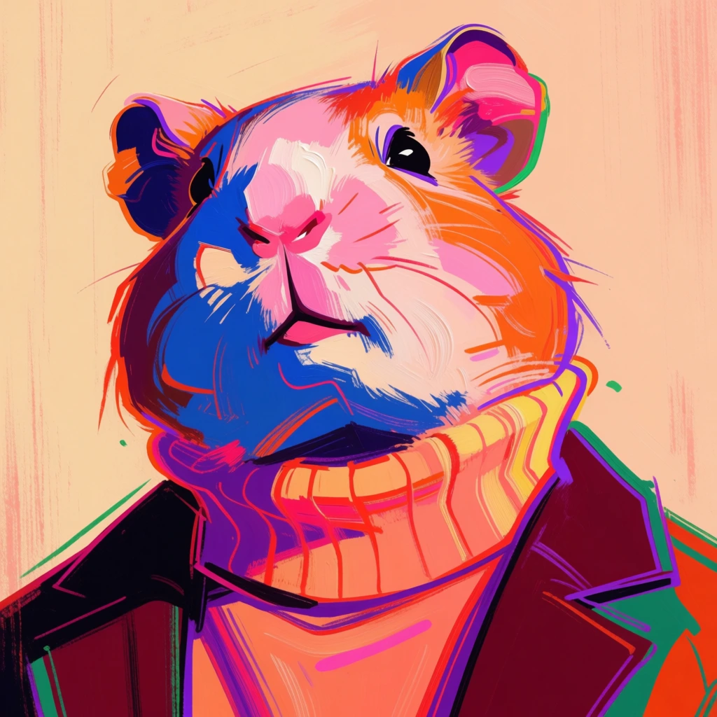 anthropomorphic hamster wearing a turtleneck sweater and jacket, expressive painterly pop art style, thick gestural brushstrokes, vibrant neon pinks, cobalt blue shadows, electric purple accents, emerald green highlights, warm peachy cream background, high contrast lighting, bold saturated outlines, visible impasto textures, dynamic tilted composition, cluttered yet balanced aesthetic, glossy and matte surface interplay, sophisticated illustrative feel