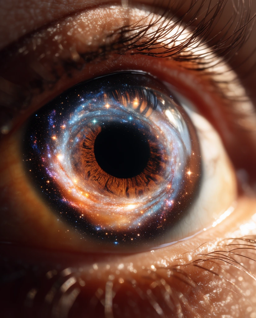 Extreme macro photograph of a human eye with a swirling, luminous galaxy embedded in the brown iris. The deep black pupil forms the center of the cosmic starfield. Detailed skin texture and sparse eyelashes frame the glossy sclera, which reflects a bright, warm light. Shallow depth of field emphasizes this surreal, hyper-realistic cosmic fusion.