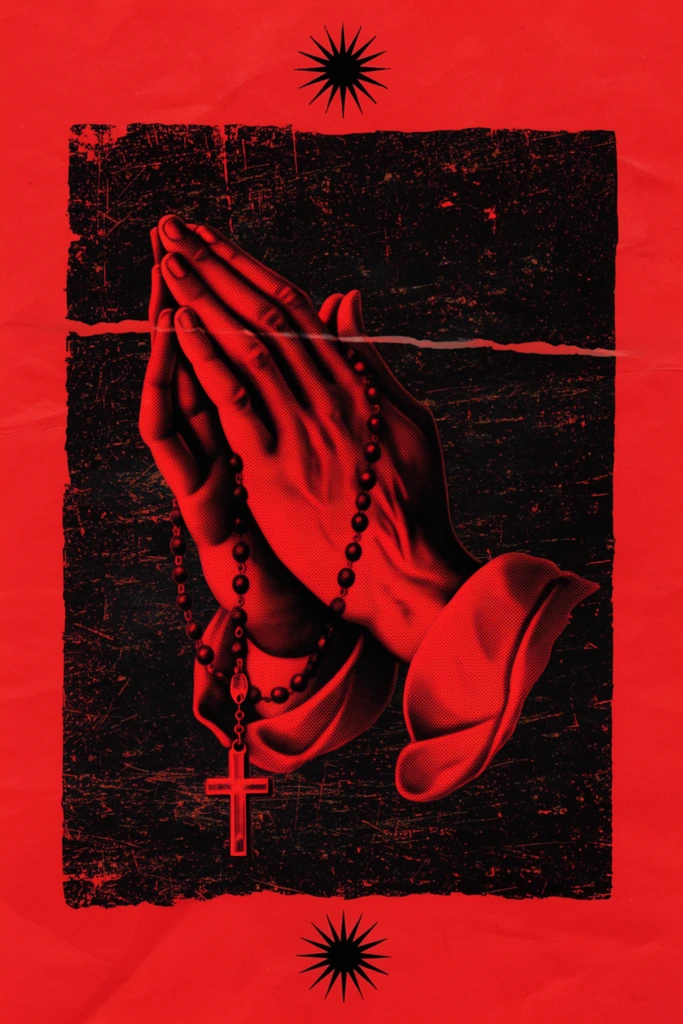 Two hands clasped in prayer, deep red halftone dot texture, holding a hanging rosary with a small cross, set inside a rough-edged black rectangular block, heavily distressed and scratched surface, horizontal tear across the hands, solid vibrant red background, weathered paper texture with subtle folds, top and bottom starburst motifs, grunge graphic design, punk aesthetic, high-contrast two-color palette of red and black, silkscreen print effect
