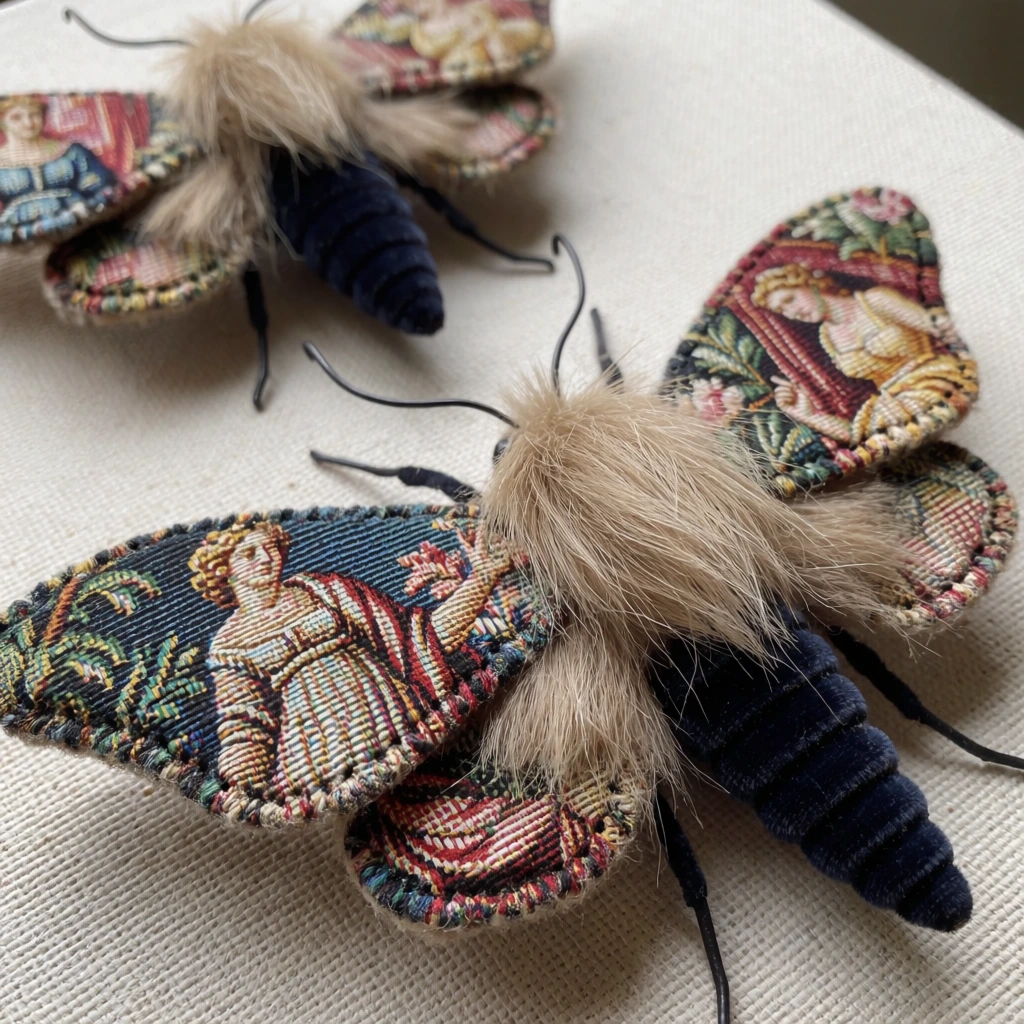 handcrafted textile moth sculptures on a textured light beige canvas, prominent foreground moth features wings of thick medieval tapestry fabric depicting classical figures and floral motifs, long blonde faux fur covering the thorax, segmented dark navy ribbed velvet abdomen, thin curled black wire antennae and legs, second similar moth blurred in the upper left background, soft natural lighting, shallow depth of field, macro photography focusing on rich woven textures, tactile mixed media art