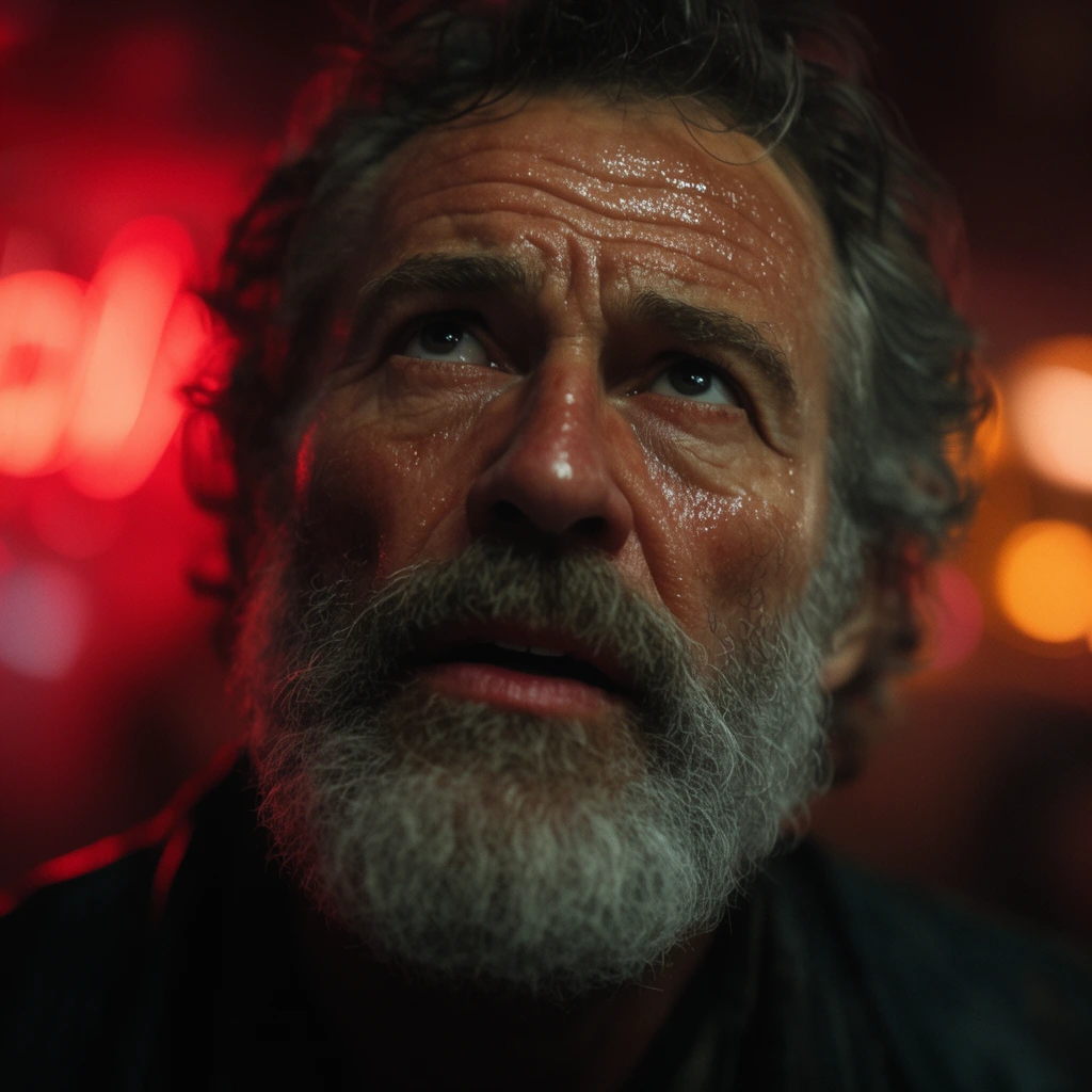 A cinematic close-up of a rugged older man with a thick grey beard and deep wrinkles, gazing upwards with slightly parted lips. His sweat-sheened skin reflects out-of-focus crimson and amber neon bokeh lights against a dark, moody background.