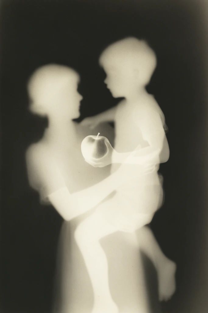 A glowing, ethereal photogram silhouette of a woman holding a boy and a piece of fruit against a deep, velvety charcoal-black background. The figures appear as semi-translucent, hazy, bone-white and pale cream forms possessing an x-ray-like quality characteristic of camera-less rayograph photography. The woman embraces the boy, with their overlapping bodies creating areas of denser, brighter white light where the exposures combine. The piece of fruit in her hand forms a distinct, softly luminous shape with gradient opacity. The edges of all three subjects are soft and slightly out of focus, bleeding gently into the surrounding dark void. The composition features a monochromatic, warm sepia-tinted grayscale color palette with a grainy, vintage photographic paper texture, utilizing high-contrast, ghostly lighting to define the interwoven shapes.