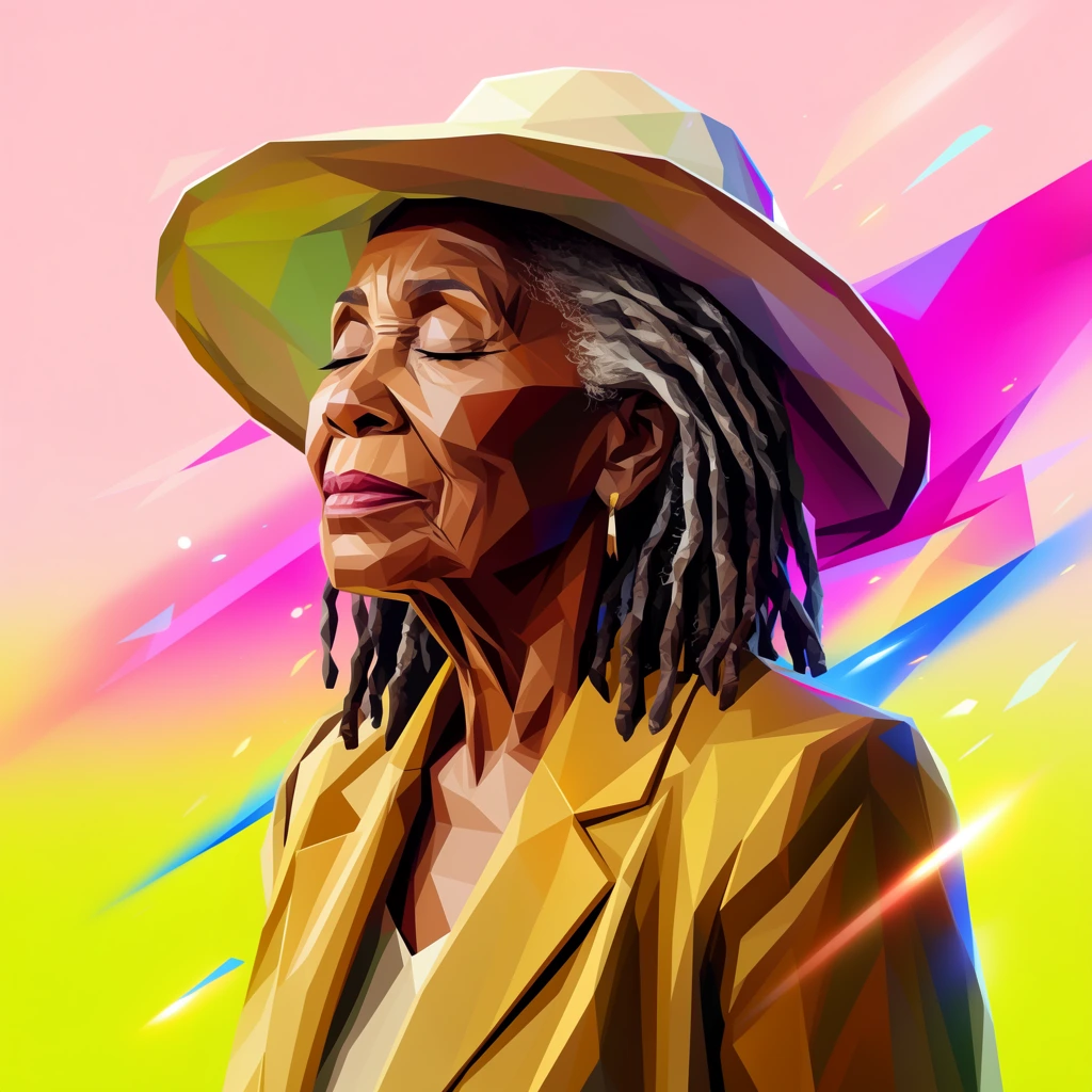 low-poly portrait of an elder woman with dreadlocks and closed eyes facing left, wearing a wide sun hat and a gold blazer, face constructed from sharp geometric facets, vibrant gradient background of pastel pink to neon yellow, intersecting abstract shapes in magenta and electric blue, floating light flares, dynamic sharp angles, stylized polygonal illustration