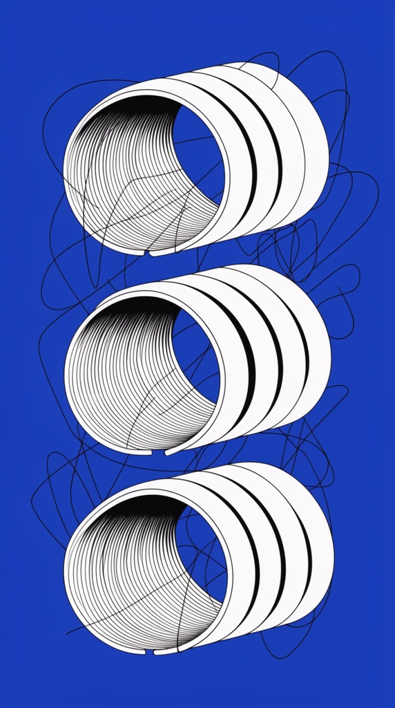abstract illustration of coiled white ribbons resembling a molecular structure, three distinct helical shapes, sharp black interior hatching creating dimensional depth, erratic thin black lines connecting and wrapping around the structured coils, solid vibrant cobalt blue background, minimalist vector graphic style, stark high contrast, juxtaposition of clean geometric 3D curves and chaotic 2D scribbles, precise bold line art