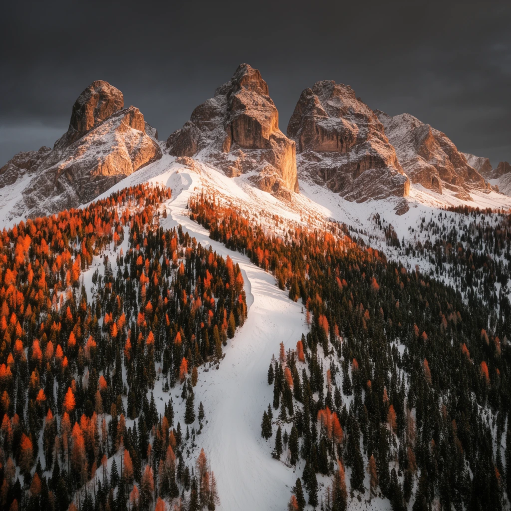 snow-dusted rocky mountain peaks bathed in warm golden hour light, dense alpine forest of dark green evergreens and vibrant orange autumn larches, wide snow-covered path winding down the steep slope, dramatic dark grey sky, aerial landscape photography, grand scale, high contrast