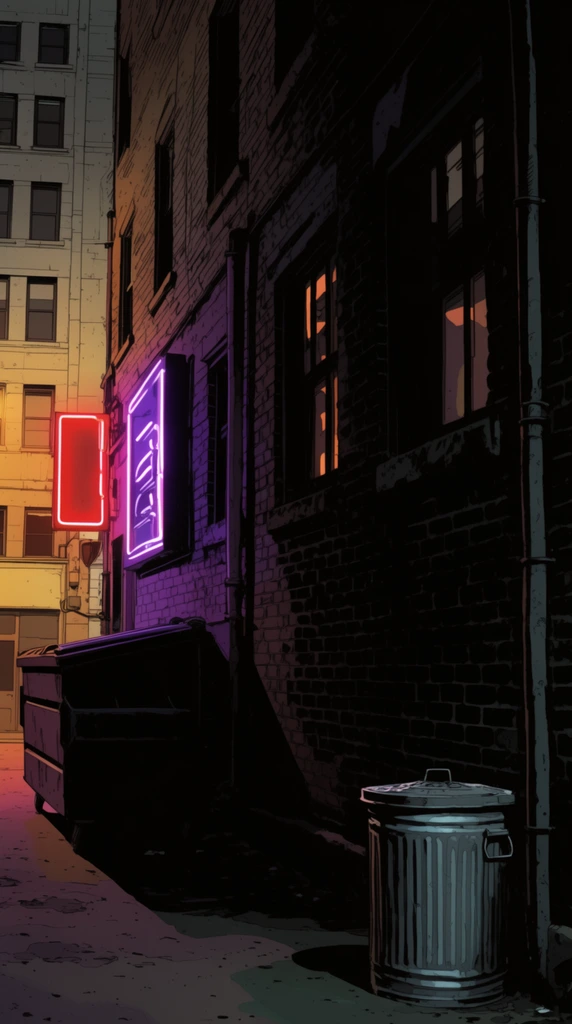 A moody urban alleyway rendered in a neo-noir graphic novel illustration style with stark chiaroscuro lighting. Deep, pitch-black shadows engulf the right side, defined by textured brick walls, vertical drainage pipes, and dark recessed windows reflecting faint orange light. On the left, vibrant red and purple neon signs cast a sharp, colorful glow onto the masonry above a dark dumpster. A corrugated metal trash can sits in the lower right foreground. In the background, a pale building facade with a grid of windows is bathed in a warm, golden artificial glow. The artwork features heavy black inking, precise line work, and flat color blocking.