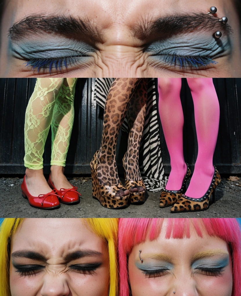A three-panel vertical collage displays close-up shots of vibrant fashion and makeup styles characterized by high-contrast lighting and a saturated color palette. The top panel presents an extreme close-up of a person's eyes tightly squeezed shut, featuring thick dark eyebrows and heavy light-blue eyeshadow that creases in the wrinkles of the lids. Two silver-toned barbell piercings are situated on the outer edge of the right eyebrow above dark eyelashes coated in blue mascara. The middle panel shows the lower legs and feet of three individuals standing side-by-side against a dark, textured background of vertical metal slats. On the left, a person wears lime-green lace leggings and shiny red flat shoes with small bows on the toes. In the center, a person wears leopard-print tights and matching high-platform open-toe wedge shoes. On the right, a person is dressed in bright pink opaque tights and leopard-print pointed heels with black studded trim. A piece of black-and-white striped fabric hangs behind the middle pair of legs on the grey, gritty ground. The bottom panel features the upper portions of two faces side-by-side, both with their eyes squeezed shut. The individual on the left has bright yellow hair and heavy dark eyeliner, while the individual on the right has bright pink hair with bangs, light-blue eyeshadow, and a silver eyebrow piercing. The entire image has a grainy photographic texture and emphasizes neon hues alongside animal prints.