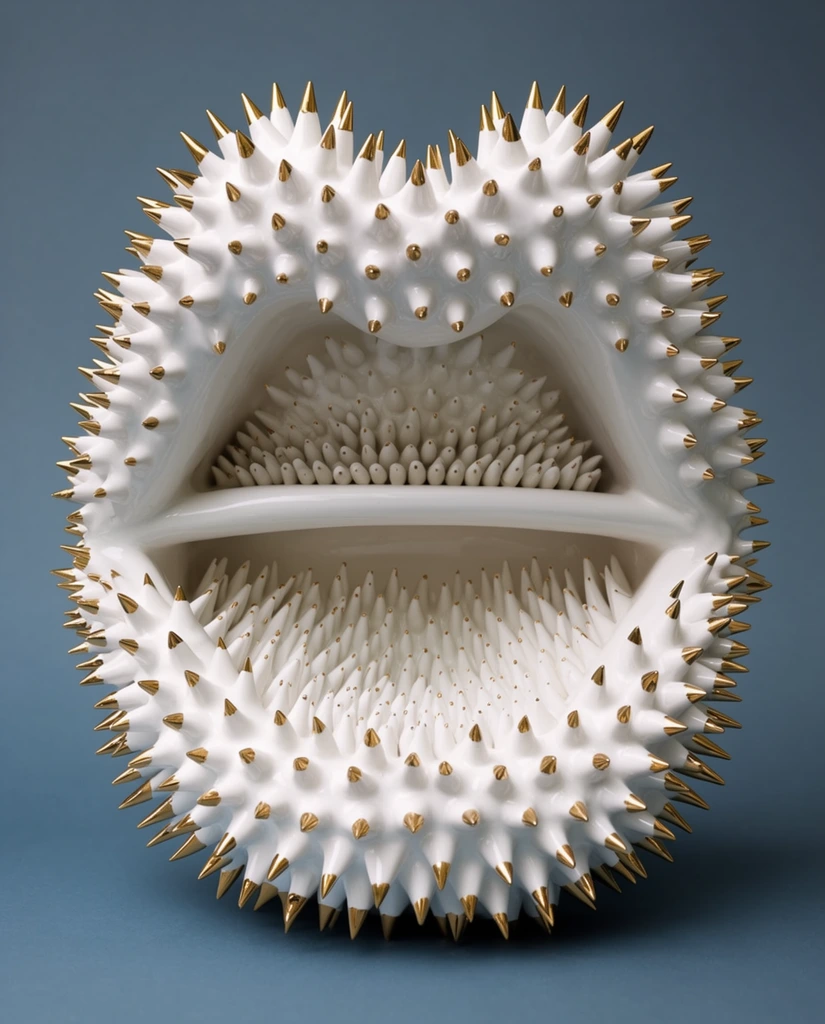 A glossy white ceramic sculpture shaped like gaping stylized lips heavily adorned with sharp gold-tipped spikes. The interior cavity is bisected by a thick horizontal ridge, with dense arrays of white conical spikes lining both the inner basin and the undulating outer rim. The surreal contemporary art piece rests against a flat muted slate-blue background under soft studio lighting, emphasizing the smooth porcelain texture and aggressive metallic accents.