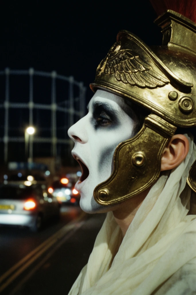 profile of a person with mouth agape, stark white face paint with dark contoured shading, ornate golden Roman-style helmet with embossed wings and circular side rivets, pale fabric draped around the neck, shallow depth of field, heavily blurred nighttime urban background, out-of-focus cars with glowing lights, distant streetlamps, skeletal gas holder frame against a black sky, cinematic photography, dramatic lighting, 35mm film aesthetic