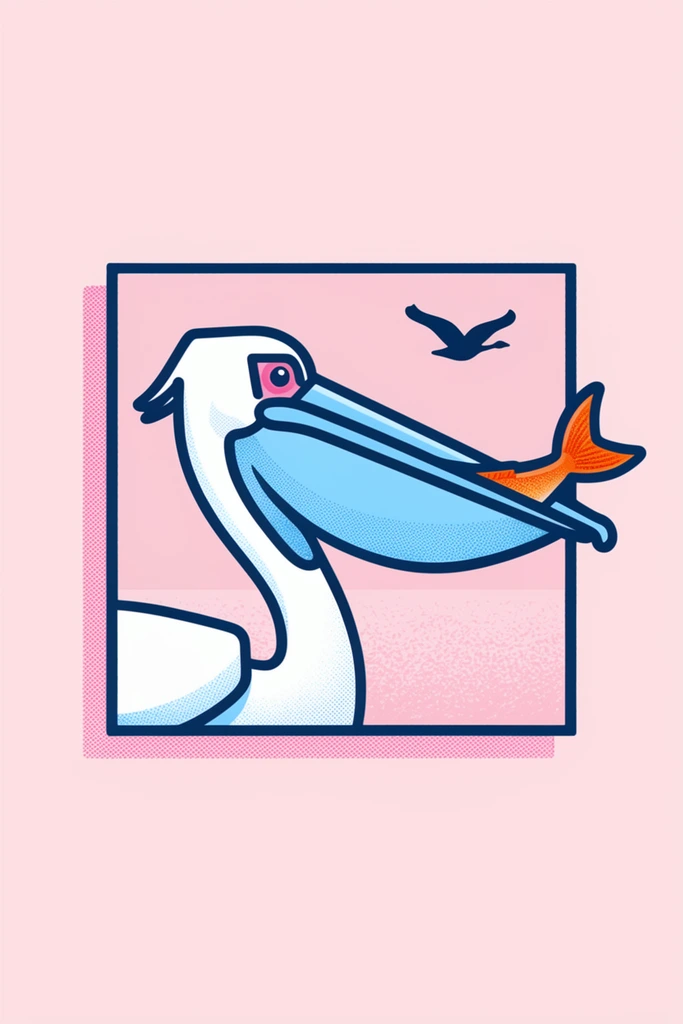 stylized vector illustration of a white pelican in profile facing right, holding a bright orange fish tail in a large light blue beak, prominent pink eye, thick dark blue outlines, retro stippled halftone dot shading, framed within a dark blue square border, interior soft pink sky with a dark blue flying bird silhouette, textured pink horizon, square frame offset by a pink halftone drop shadow, centered on a solid light pink background, minimalist flat design, pastel color palette, crisp graphic art