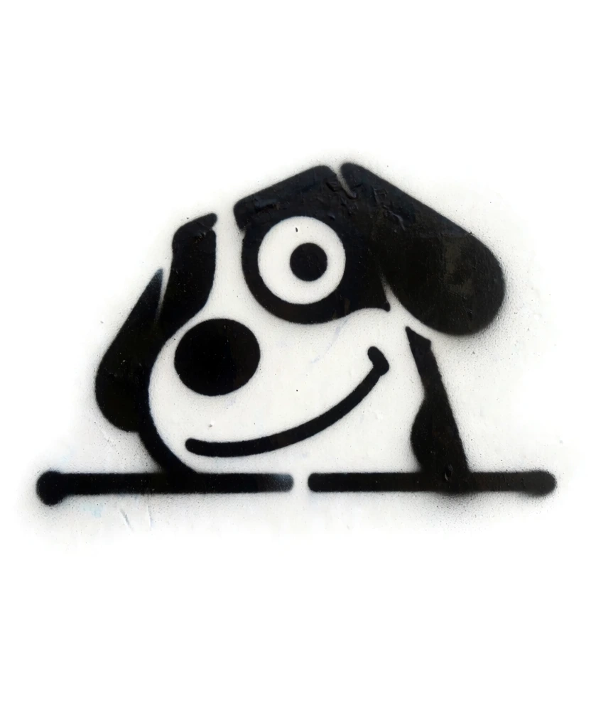 simple stencil of a cartoon dog half face peeking over a wall with a pure white background