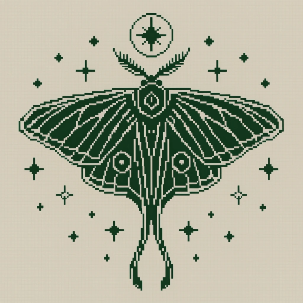 Symmetrical pixel art of a dark green moth centered on a pale beige grid. The insect has intricate geometric wing patterns, elongated tail appendages, and a circular halo containing a star. Surrounding the flat 2D figure are scattered four-point stars. The minimalist monochromatic composition resembles a digital 8-bit sprite or a cross-stitch pattern.