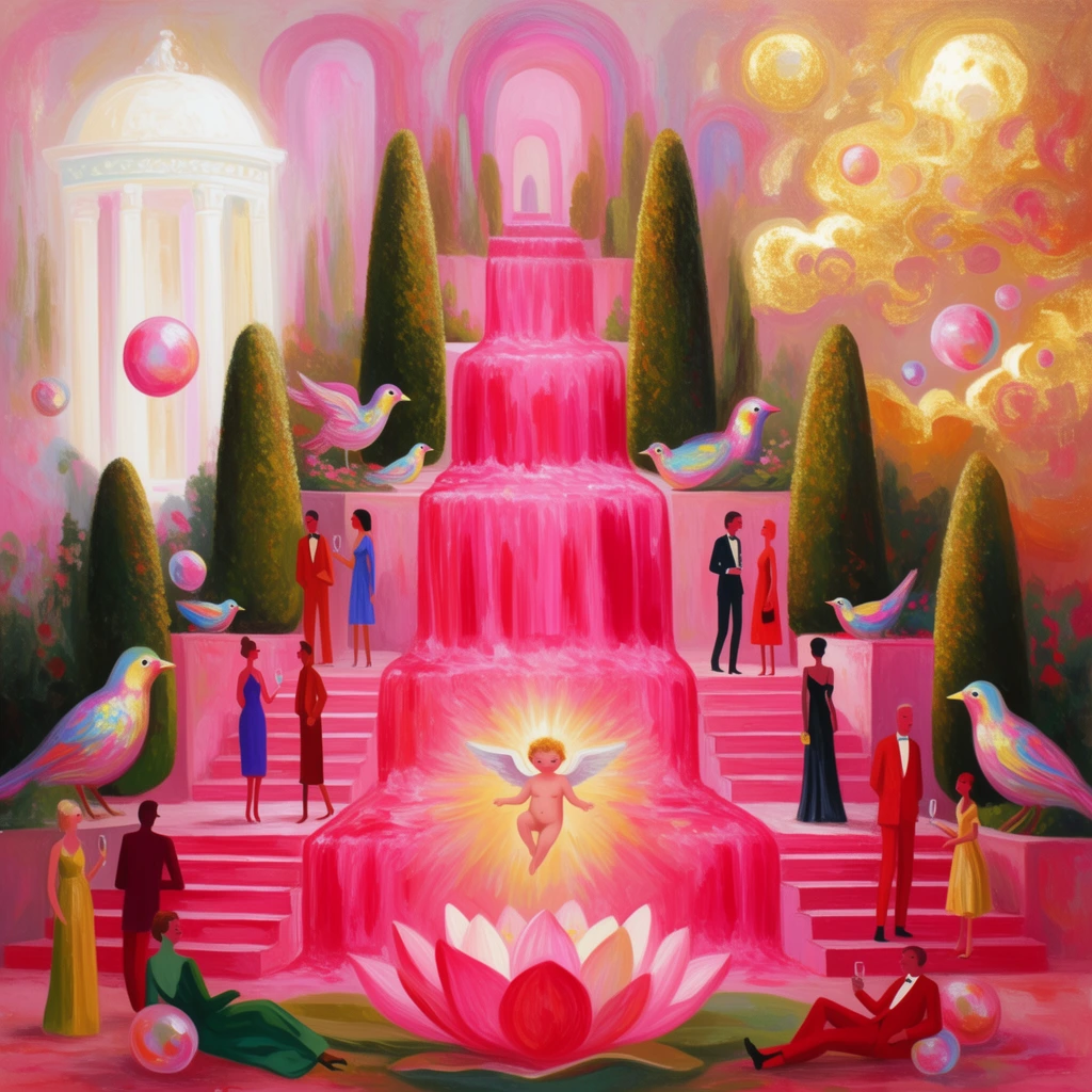 A surreal, naive painting of a multi-tiered theatrical garden party bathed in luminous pinks, reds, and golds. A cascading waterfall of bright pink liquid flows down a central terrace flanked by tall topiaries. Elongated figures in vibrant evening wear wander the steps, interacting with oversized iridescent birds and floating orbs. At the base, a radiant cherub hovers above a giant lotus alongside lounging figures. The flattened background features ethereal archways, a bright white pavilion on the left, and abstract glowing golden clouds on the right.