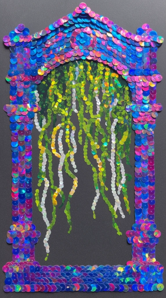An ornate stage-like structure framing cascading vines is constructed entirely from tightly packed, overlapping iridescent circular sequins against a matte dark grey background. The theatrical architecture features intricate columns and a decorative proscenium arch formed by meticulously arranged holographic discs in vibrant shades of royal blue, hot pink, and vivid violet. Hanging down inside the structure, dense vines and winding tendrils are depicted using clustered lines of shimmering lime green, bright yellow, and pearlescent white circular cutouts. The uniform circular pieces overlap like fish scales across the entire form, creating a highly tactile, dimensional mosaic surface. Direct lighting catches the glossy plastic paillettes, producing shifting prismatic color reflections and sharp specular highlights on the flat, round faces. The two-dimensional flat-lay composition isolates the vivid, pointillist sequin arrangement on the solid charcoal base board, emphasizing a highly saturated, craft-oriented mixed-media aesthetic.