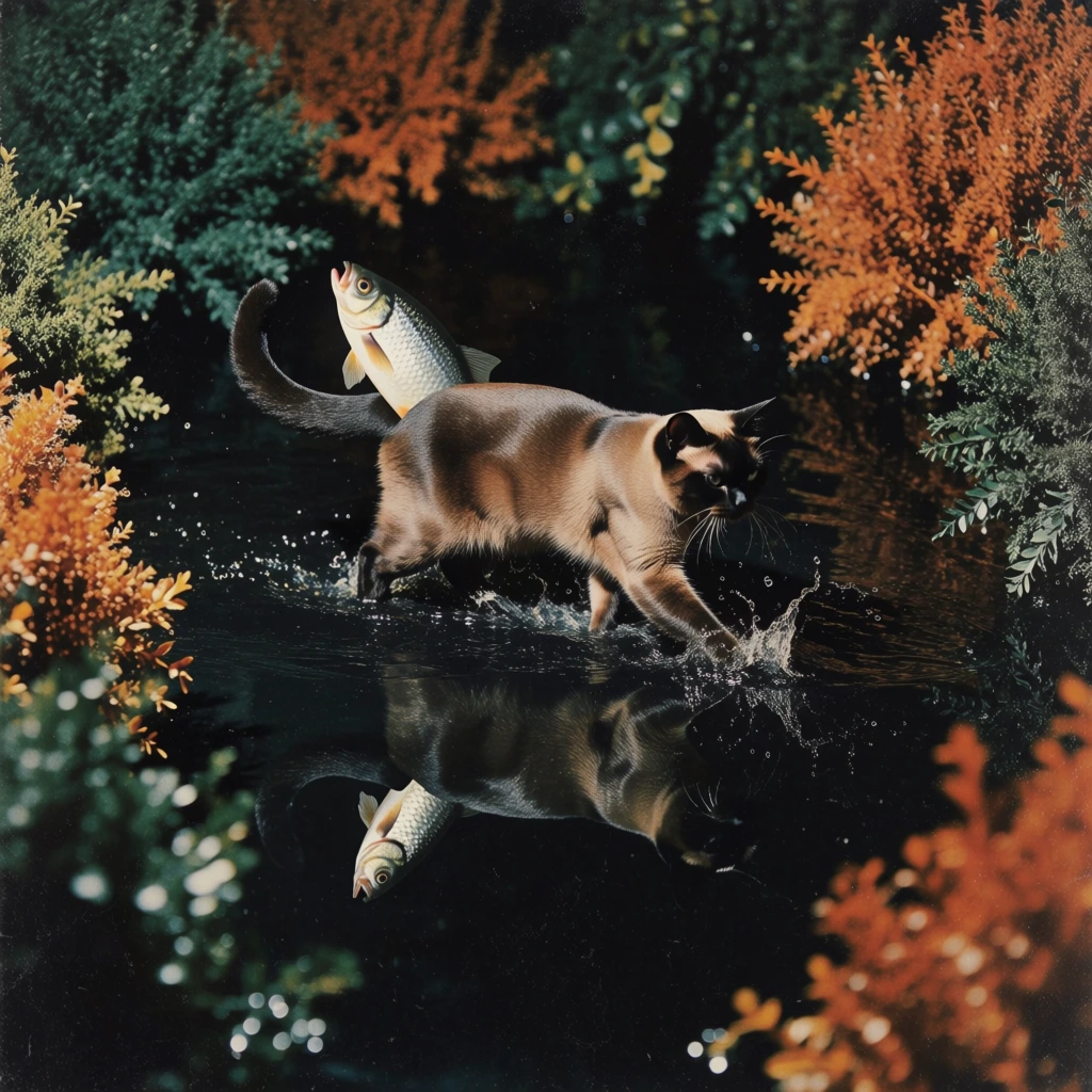 vintage fashion photography aesthetic, high-angle vertical composition, lush dark green and rust-colored foliage framing the scene, dramatic high-contrast sunlight, central subject is a cat mid-stride across deep black reflective water, a silver fish surrealistically emerging from the cat's rear, vibrant saturated color palette, clear mirror reflection in the dark void below, cinematic surrealism, splashing water, grainy 70s film texture, moody shadows, minimalist editorial style.