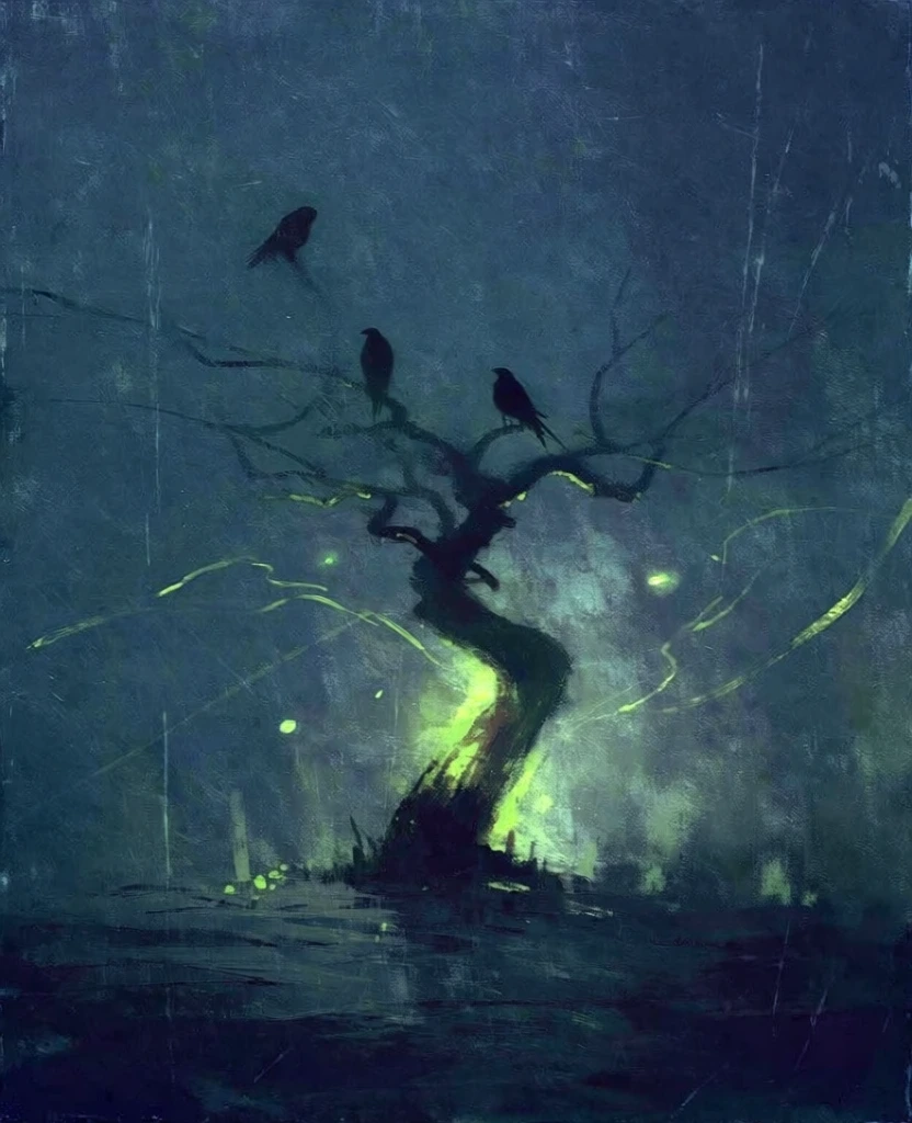 ethereal painterly composition of a gnarled twisted tree and three perched birds, moody digital impasto style with heavy distressed textures and scratches, deep midnight blue and charcoal palette, vibrant neon lime bioluminescent glow radiating from the trunk, swirling light trails and glowing particles in a hazy atmosphere, soft focus with cinematic grain, emerald highlights, low-key lighting, dark reflective ground, dreamlike atmospheric quality, evocative and textured finish.