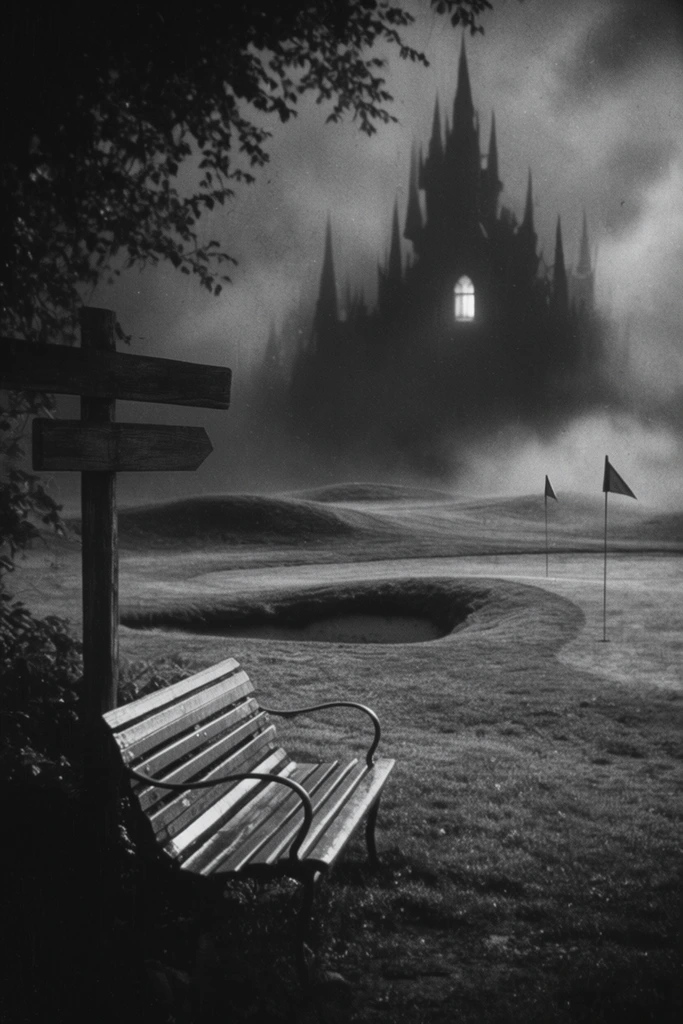 A moody, black-and-white cinematic landscape juxtaposing a quiet recreational setting with a foreboding gothic backdrop. In the shadowed left foreground, a rustic wooden signpost and a slatted bench with curved metal armrests sit beneath overhanging silhouetted foliage. The midground features rolling, uneven terrain resembling a course green, punctuated by a hollow depression and two thin poles flying small triangular pennants. Rising from dense, swirling mist in the distant background is a colossal, jagged castle silhouette with towering spires. A single brightly illuminated arched window pierces the dark, looming architectural mass. The composition utilizes vintage film grain, dramatic chiaroscuro lighting, and a soft-focus background to create a surreal, eerie atmosphere.