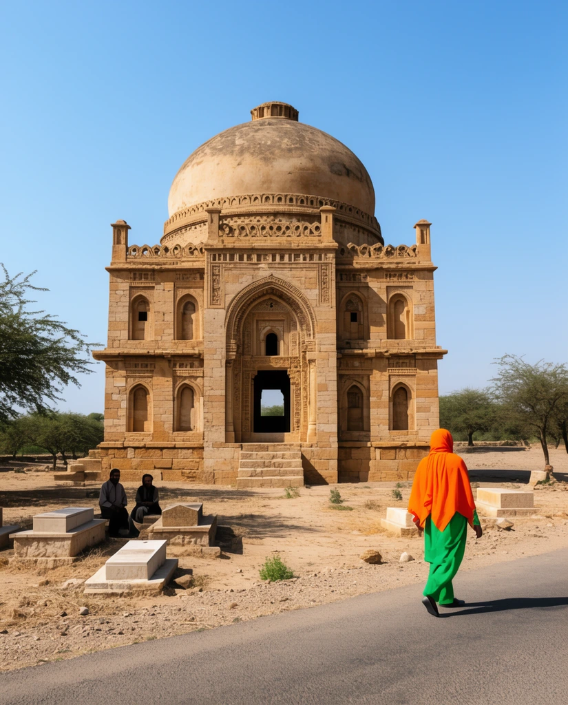 An ancient sandstone mausoleum with a central dome and carved archways stands under a clear blue sky. In the foreground, a person in bright orange and green walks along an asphalt path, while two figures sit near stone graves to the left amidst arid, sunlit surroundings.