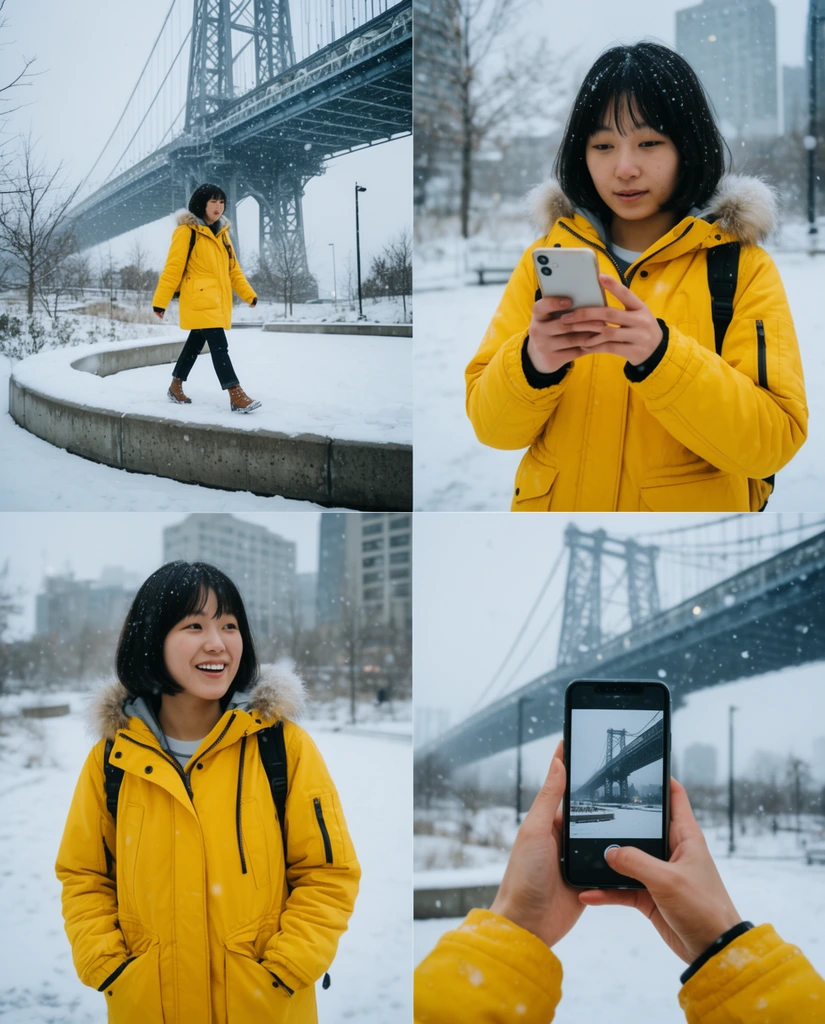four-panel photo collage, young Asian woman with a short black bob, bright yellow winter parka, snowy urban park, top left panel showing her walking on a curved snow-covered wall, massive steel suspension bridge in the background, top right panel medium shot of her looking at a smartphone, bottom left panel smiling off-camera with hands in pockets, bottom right panel first-person view of hands holding a phone photographing the bridge, falling snow, candid winter street photography, cool overcast lighting, vivid yellow contrasting with gray snowy surroundings