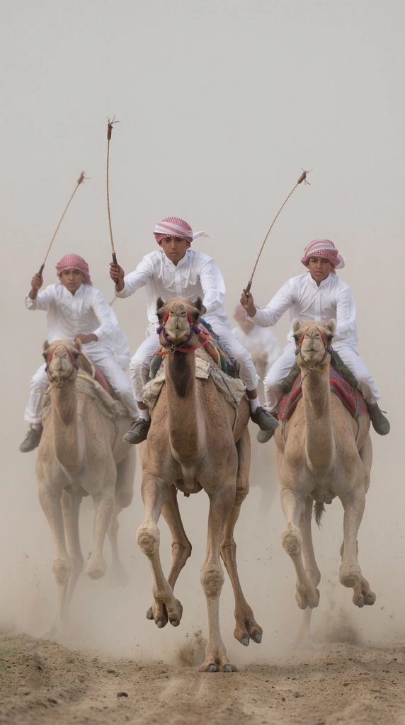 A high-speed camel race charges toward the viewer through a thick haze of dust. Young riders in crisp white tunics and red-and-white headscarves pilot galloping light brown dromedaries while raising thin riding crops. The central camel is frozen mid-stride, all four hooves suspended above the dirt track. Colorful bridles with red and purple accents stand out against a muted, atmospheric palette of tans and pale grays. Captured with a telephoto lens and fast shutter speed, the dynamic action photography isolates the intense forward momentum within an enveloping dusty void.